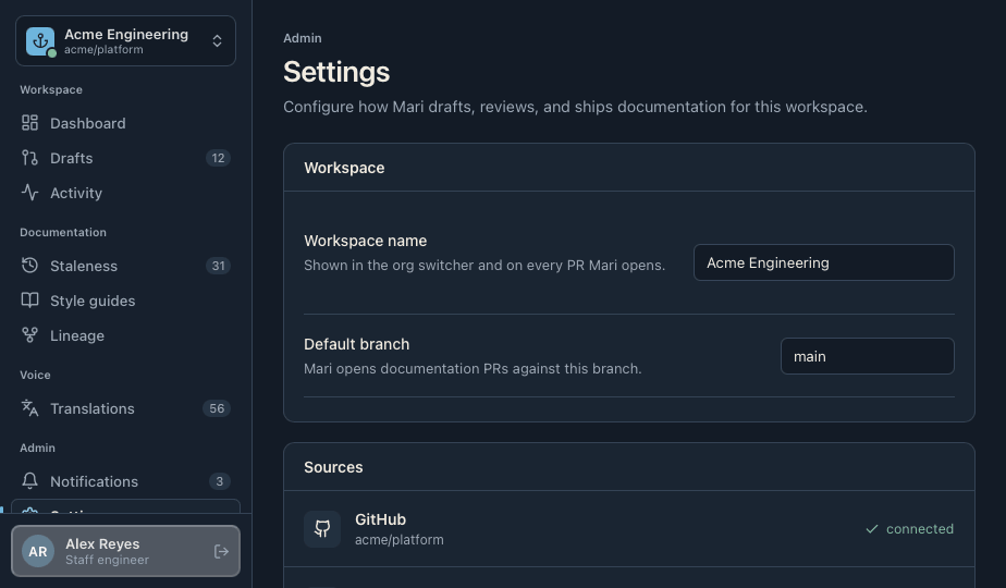 Mari console — workspace settings and connected repositories