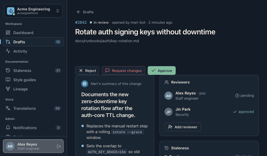 Mari console — reviewing a documentation pull request