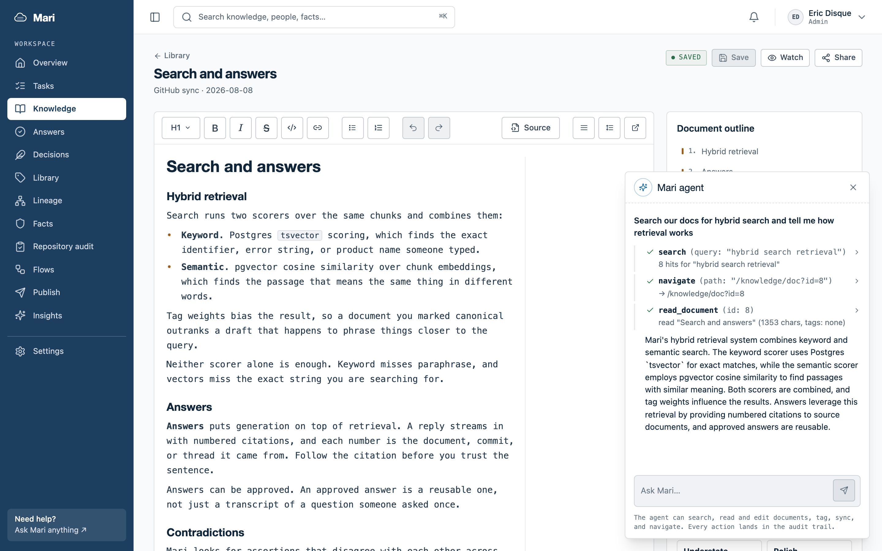 The agent dock answering a question: search, navigate, and read steps visible in the trace, the answer below, and the document it opened behind it