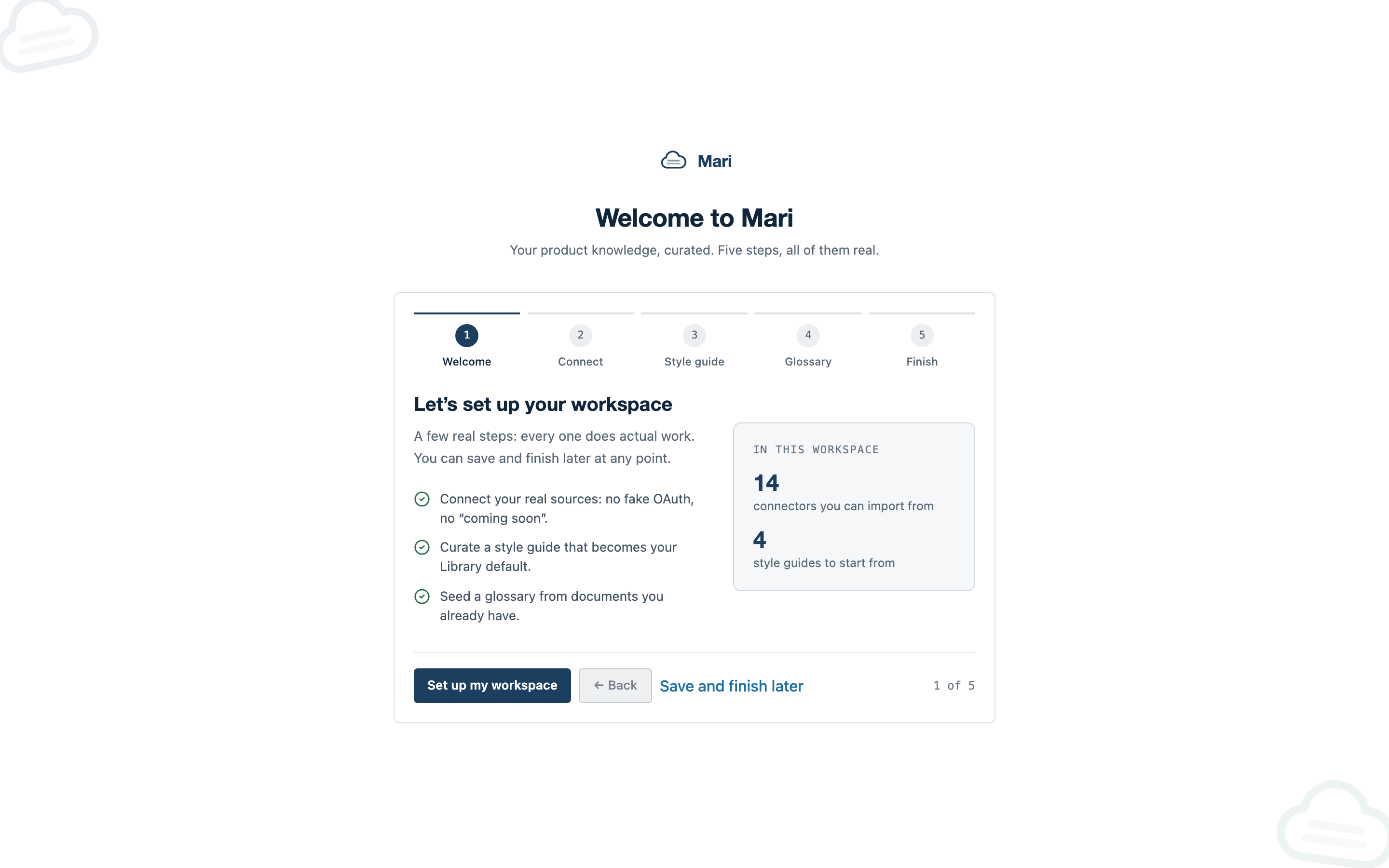 The onboarding wizard: five steps, all of them real
