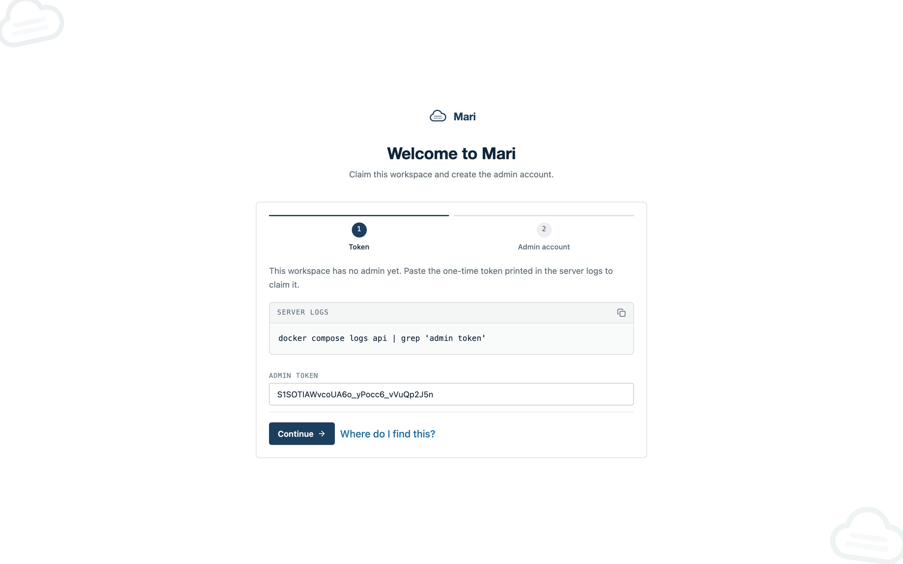The setup page: a one-time token pasted into the field, checked before any password is asked for