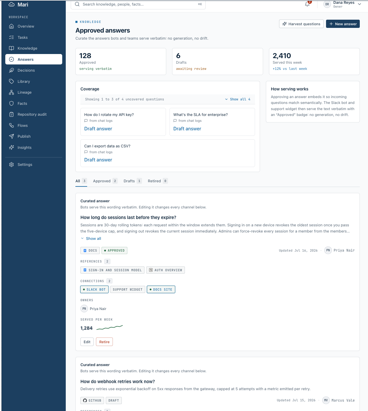 Approved answers on Workflows: curated answers served verbatim, each with references, owners, and the channels it serves